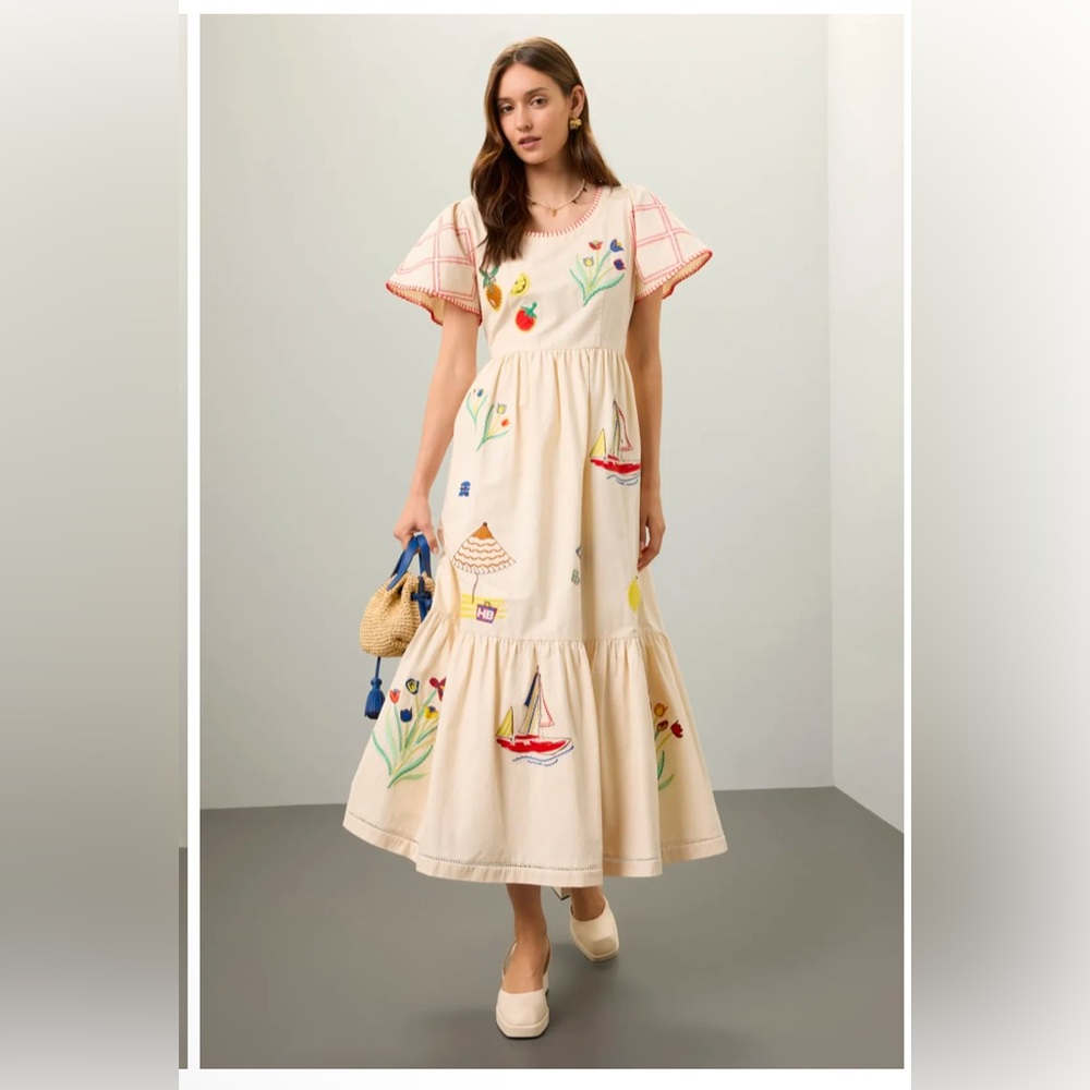 HUNTER BELL Cream Midi Dress with Colorful Embroidery